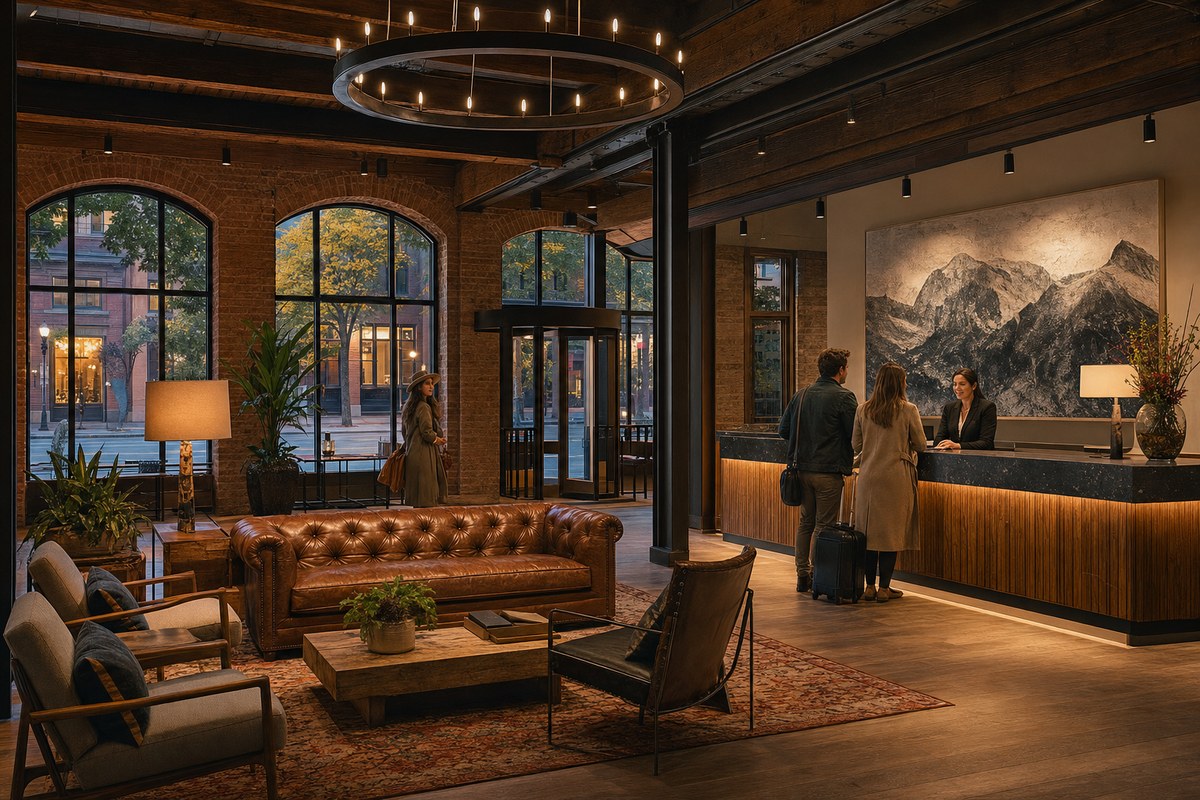 A warm mountain-modern Denver hotel lobby in a restored brick building
