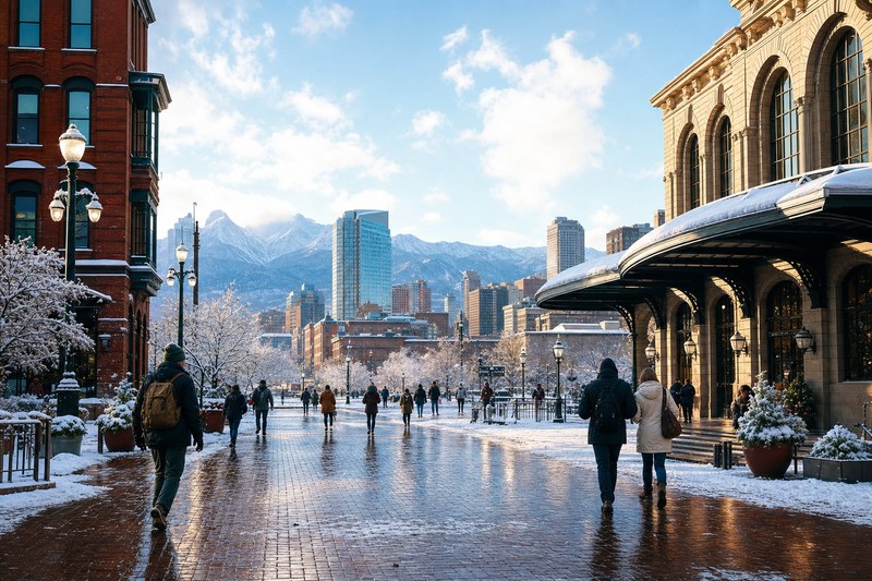 A clear winter morning on Denver streets with snow along the Front Range