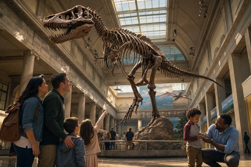Children looking up at a dinosaur exhibition in Denver