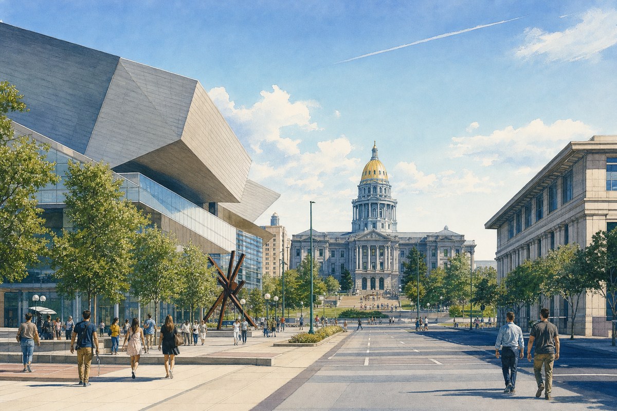 Illustrated museum and civic architecture representing Denver's Golden Triangle