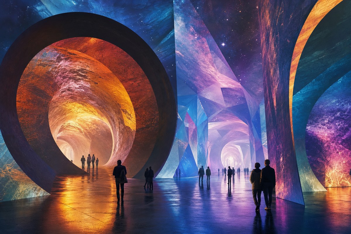 Immersive art installation with saturated light and sculptural forms