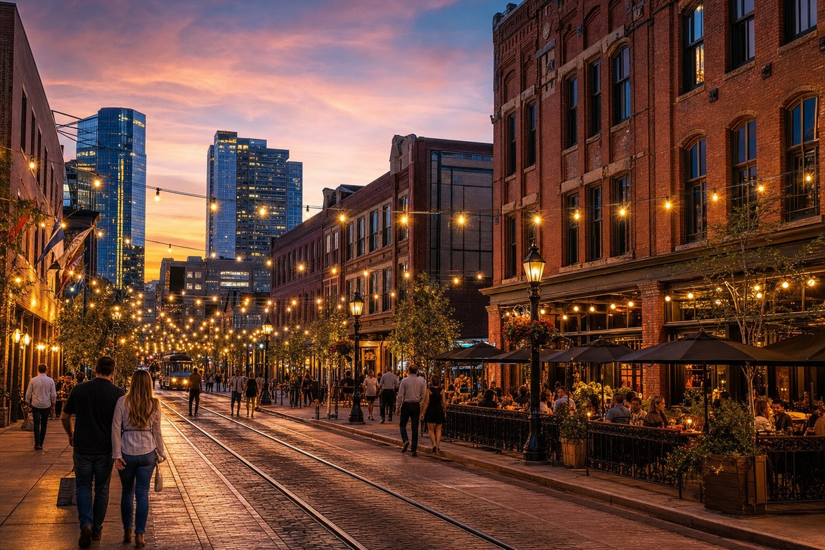 LoDo streets near Denver Union Station and central sports venues at twilight