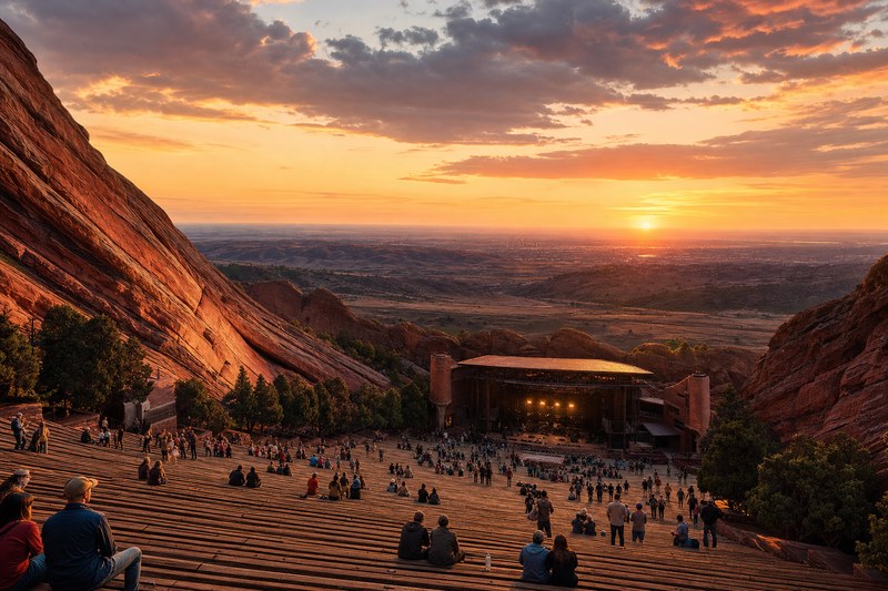 Red Rocks Amphitheatre at sunset before a concert
