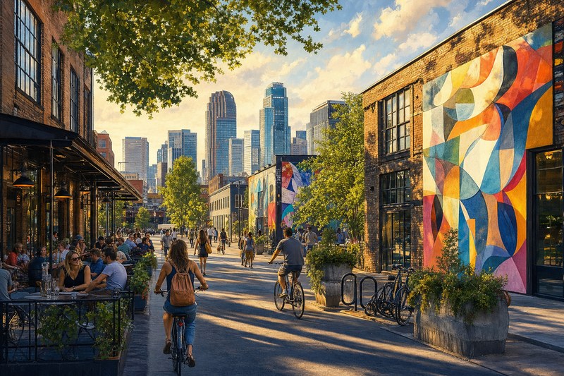 Large murals on industrial buildings in Denver's RiNo district