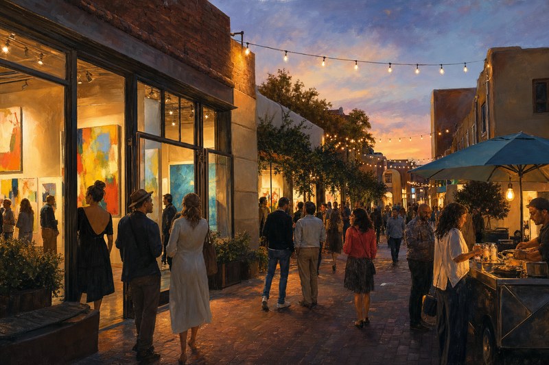 Visitors walking among galleries in Denver's Santa Fe art district