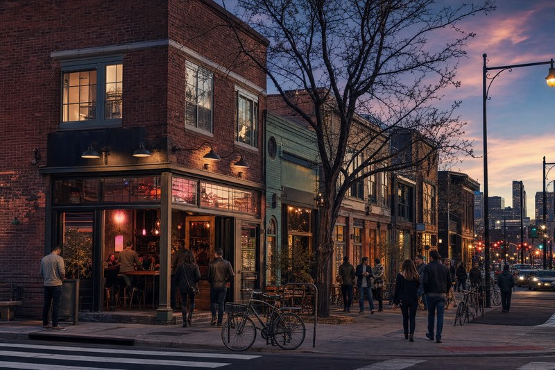 Independent storefronts along South Broadway in Denver at dusk
