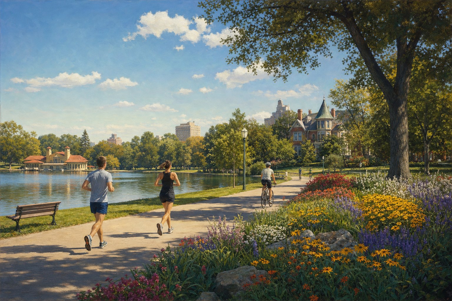 Families walking beside lawns and water in Denver's Washington Park
