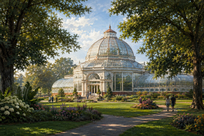 Historic glass conservatory amid Belle Isle greenery with no signage