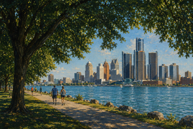 Belle Isle shoreline and Detroit River beneath mature trees