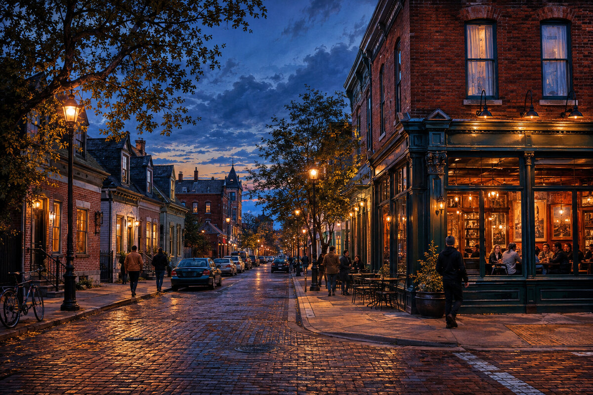 Corktown brick streets and restaurant windows at dusk