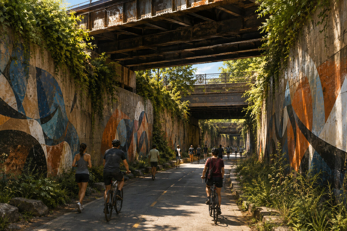 Dequindre Cut greenway, cyclists, bridge shadows, trees, and mural color