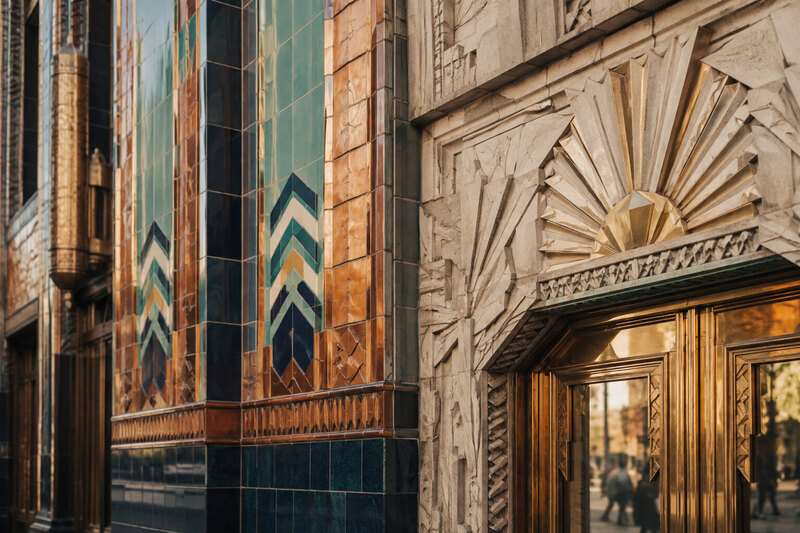 Detroit Art Deco stone, tile, metal, and geometric architectural detail