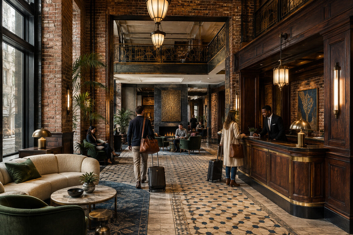 Illustrated hotel lobby with brick, brass, and restrained Art Deco detail