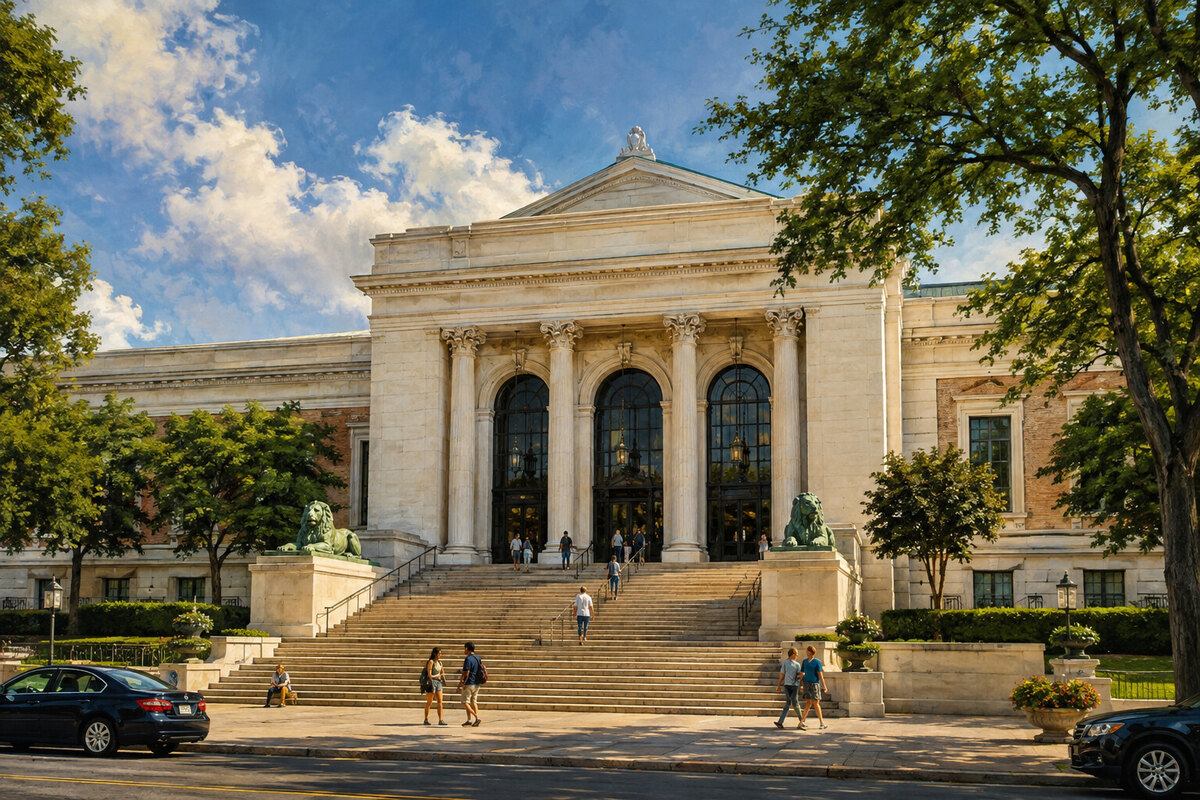Illustrated museum facade and Midtown Detroit streetscape