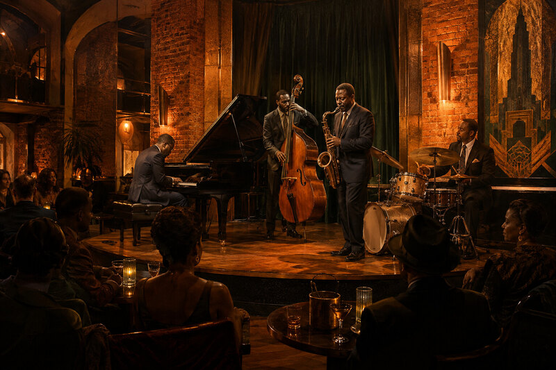 Detroit jazz club atmosphere with musicians in warm stage light and no visible words