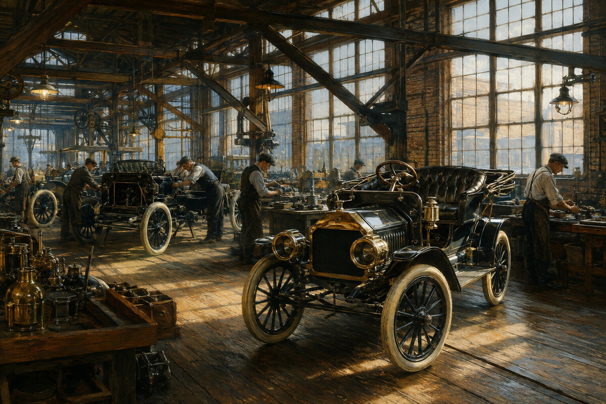 Illustrated early automobile and brick factory interior evoking Detroit's automotive history