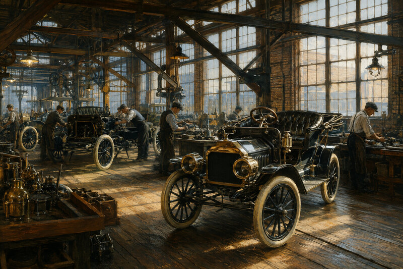 Historic automobile and industrial design details in warm museum light