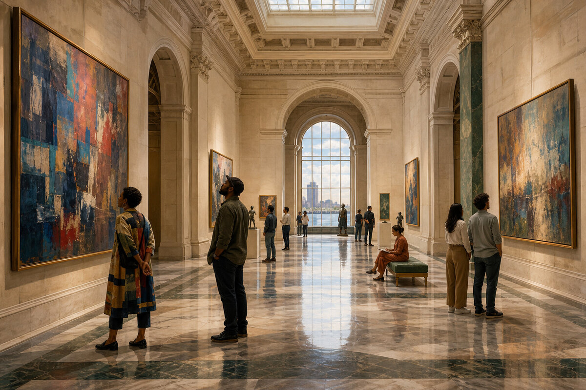 Illustrated museum gallery with visitors, art, and natural light