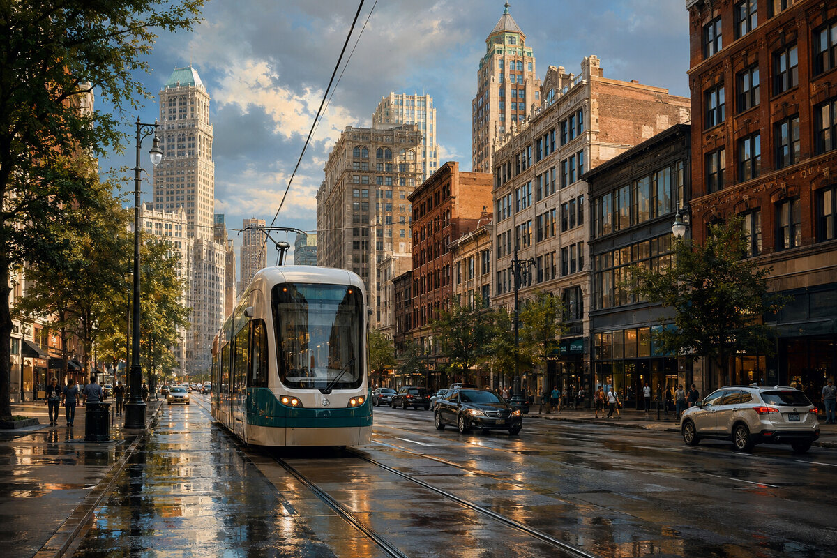 Illustrated modern streetcar traveling along a Detroit avenue