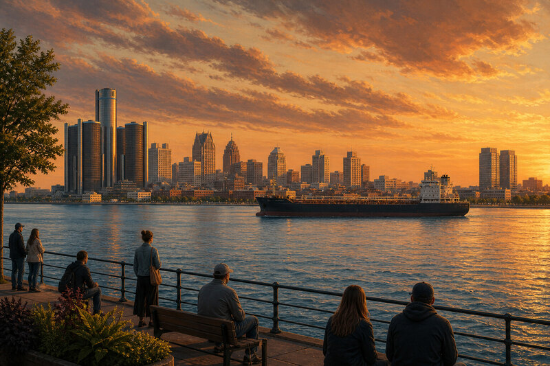 Detroit River and skylines in warm evening light