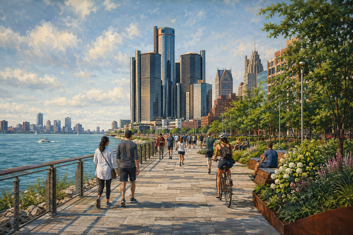 Detroit RiverWalk with pedestrians, planting, skyline, and blue river views