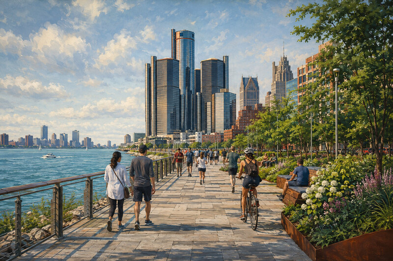 Detroit RiverWalk with the river, skyline, trees, and pedestrians
