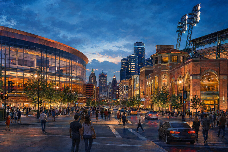 Detroit stadium district glowing on a lively event night