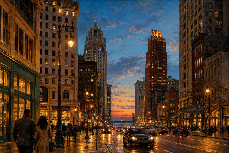 Illustrated downtown Detroit towers and street life at dusk