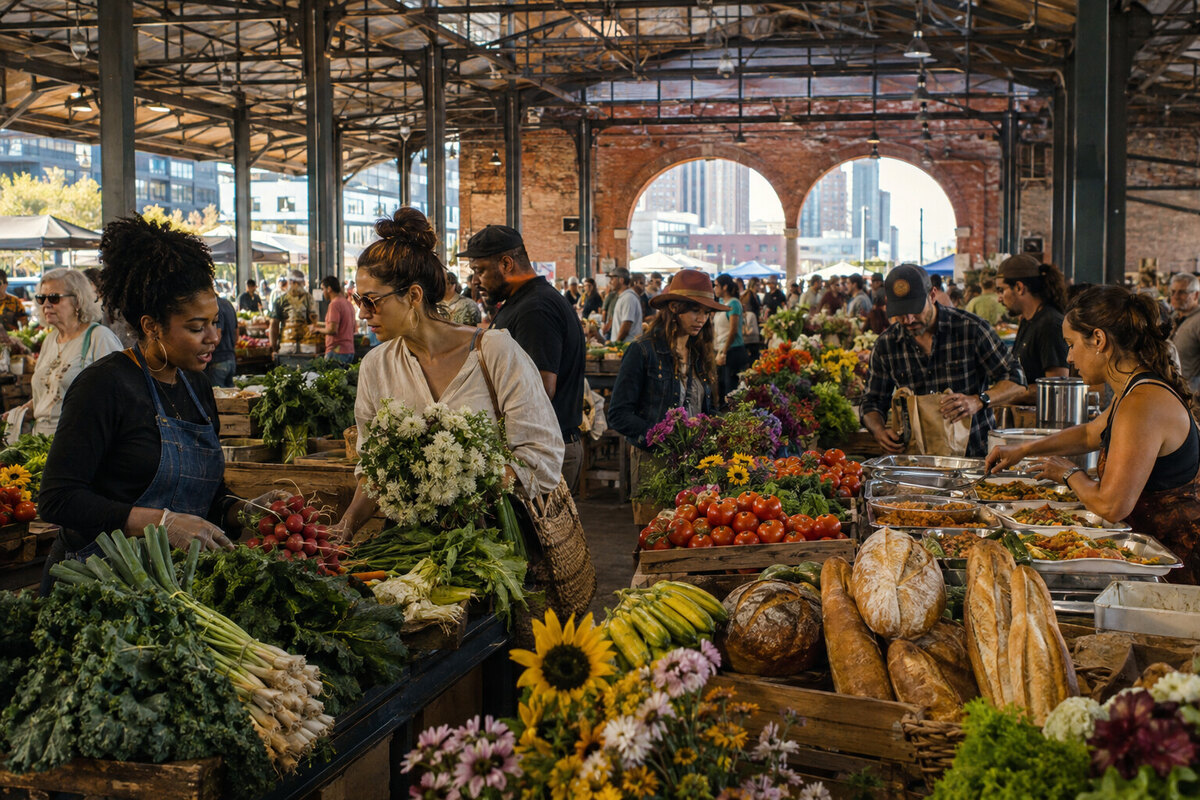 Illustrated produce, bread, flowers, and prepared food in a market hall