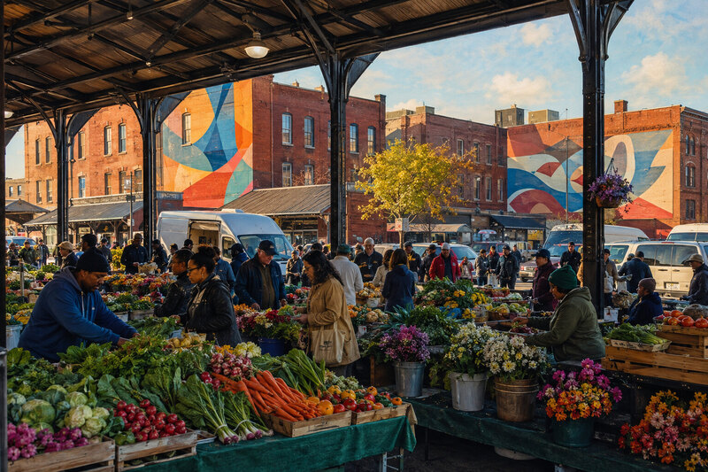 Eastern Market sheds and colorful produce on a Detroit morning