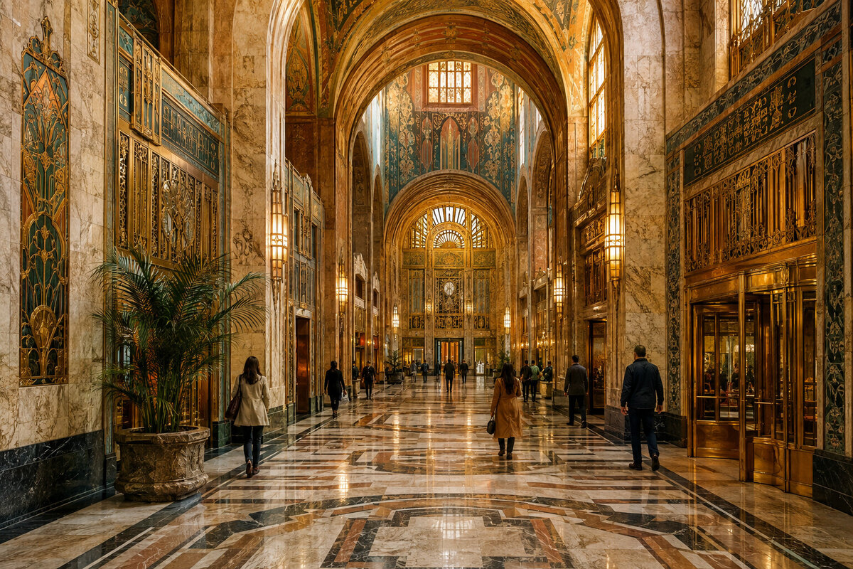 Illustrated marble arcade inspired by Detroit Art Deco ornament and arches