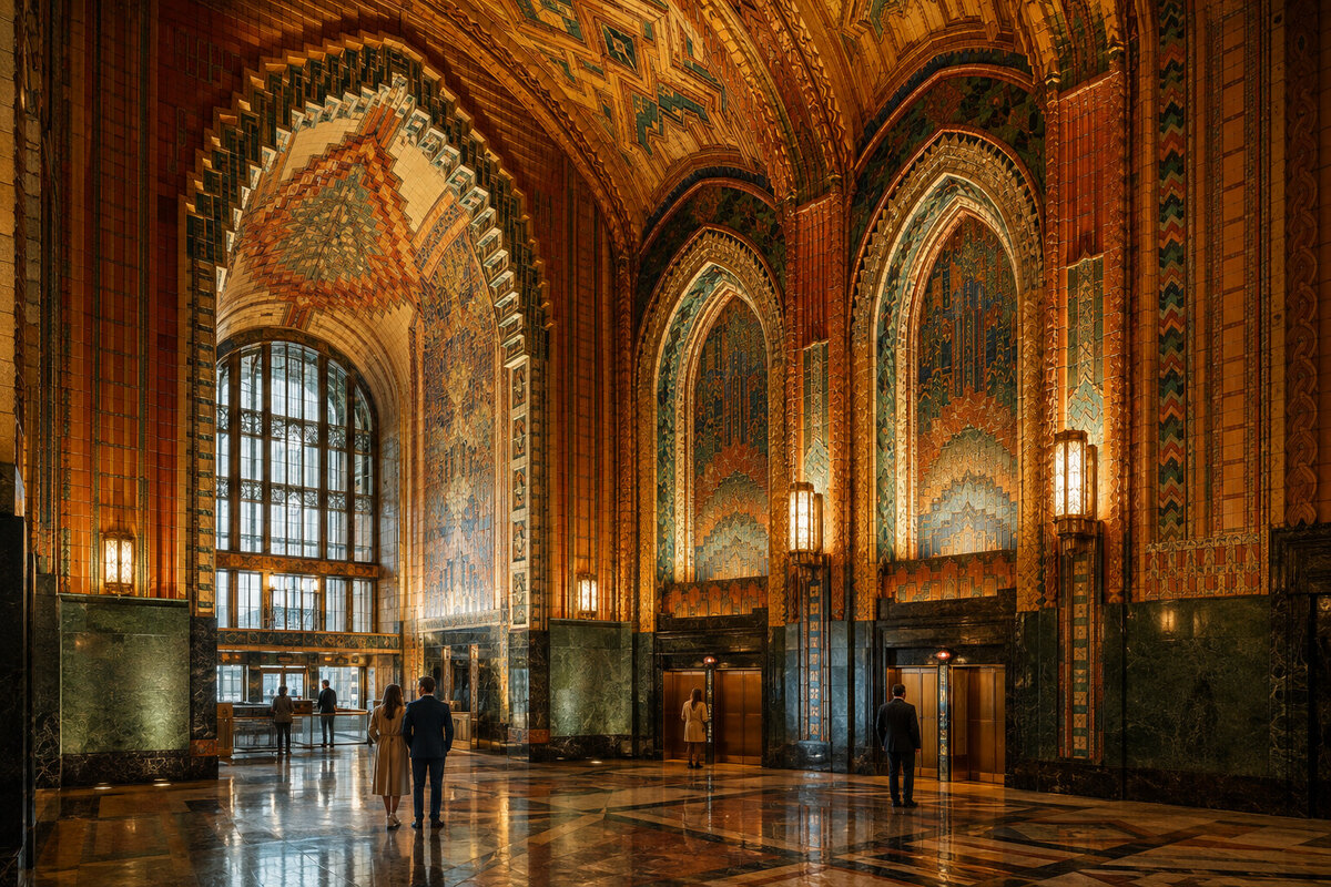 Detroit Art Deco tile, vaulted ceilings, and warm light inspired by the Guardian Building