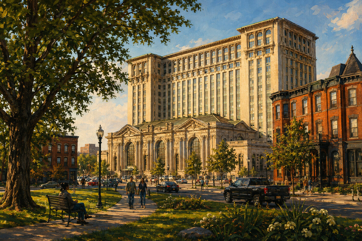 Restored Michigan Central rising above Corktown brick streets and trees