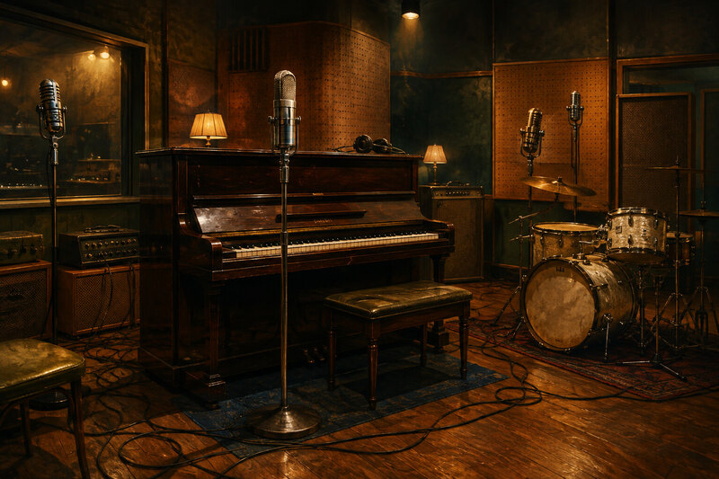 Warm recording-studio atmosphere evoking Detroit's Motown sound