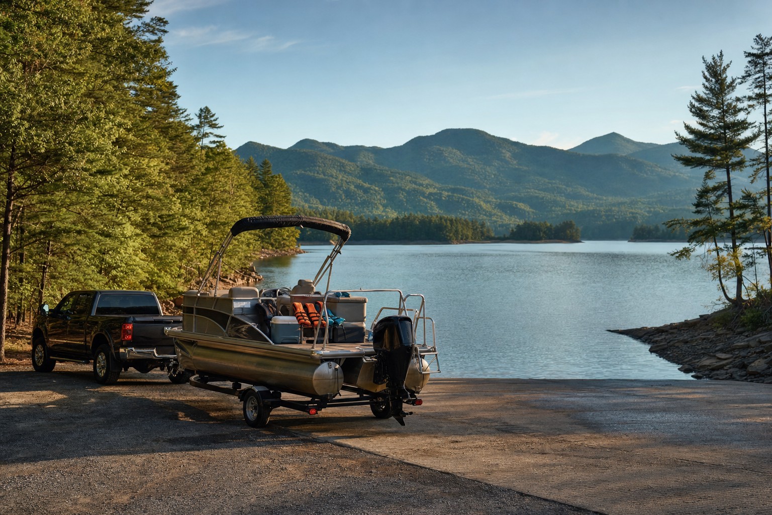 Boat and tow vehicle staged near a mountain-lake ramp