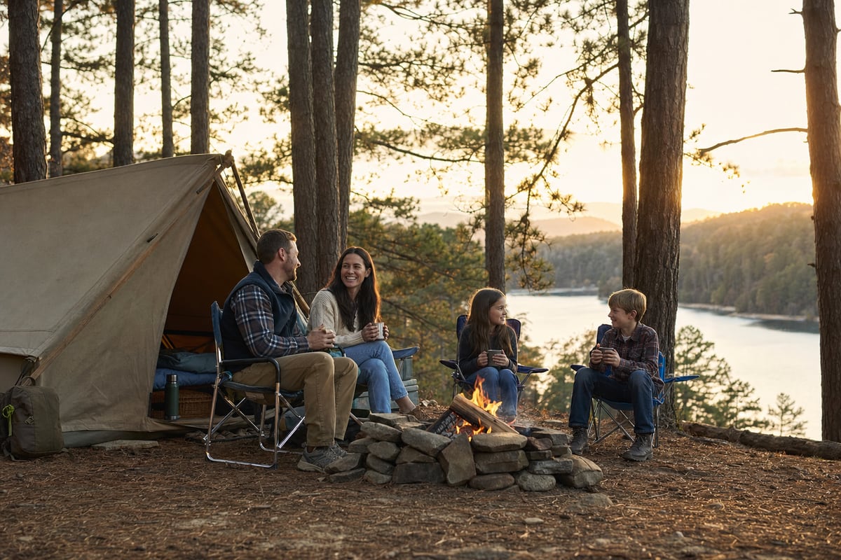 Family camping beside a canvas tent and campfire near Lake Jocassee