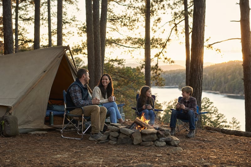 Family camping beside a canvas tent and campfire near Lake Jocassee