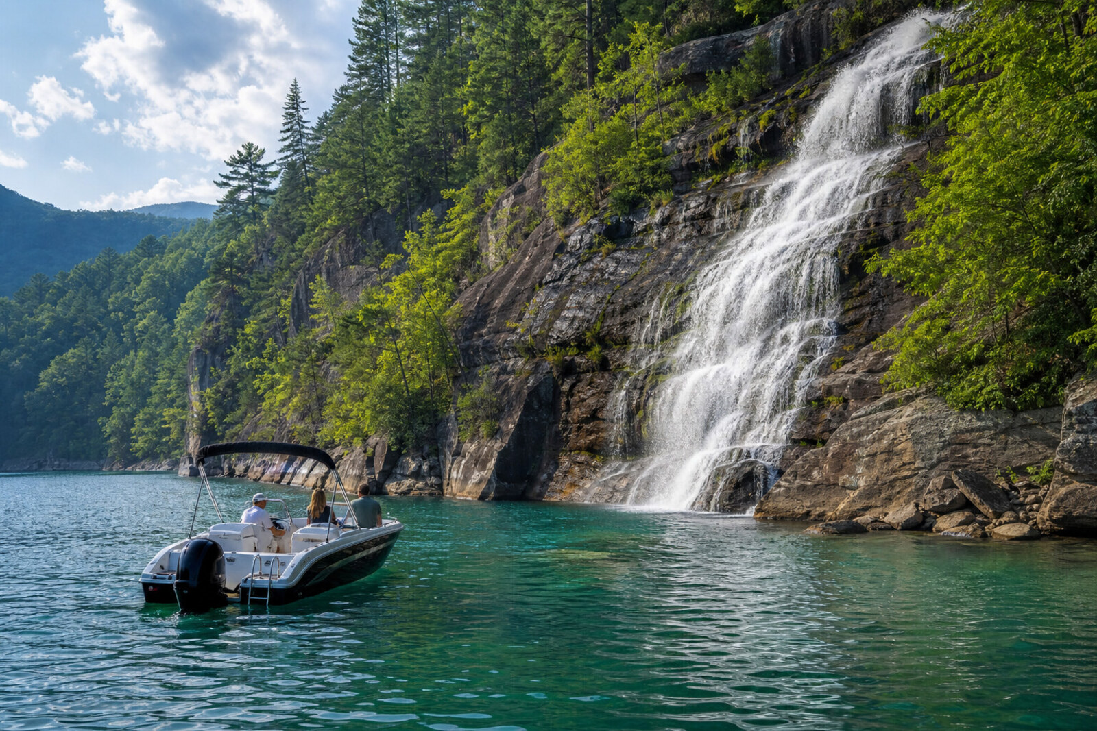 Boat exploring Lake Jocassee