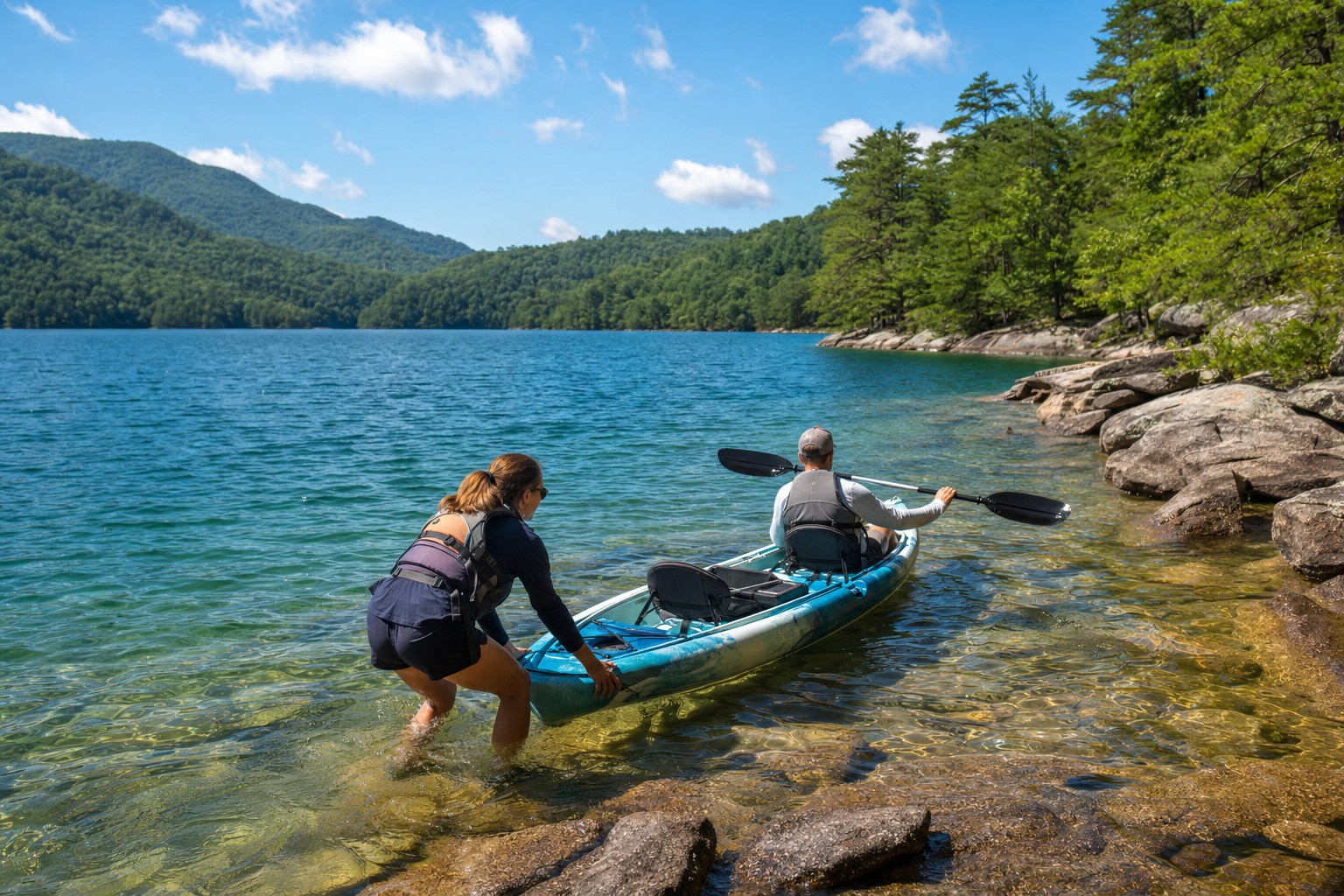 Kayak launching from a rocky Lake Jocassee shoreline