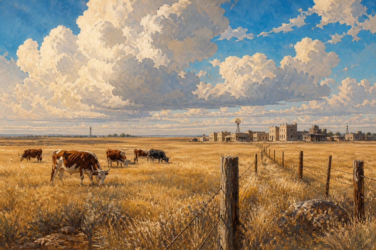 Cattle country outside Dodge City beneath a broad Kansas sky
