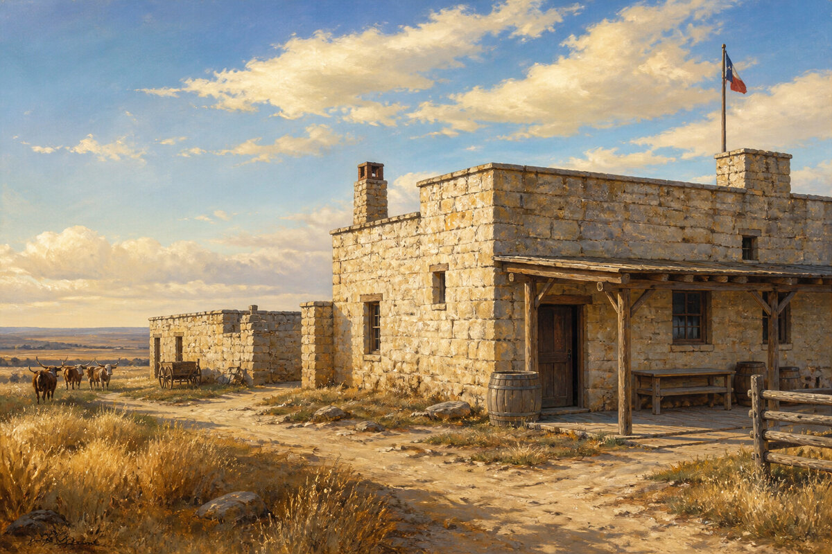Historic limestone buildings at Fort Dodge east of Dodge City