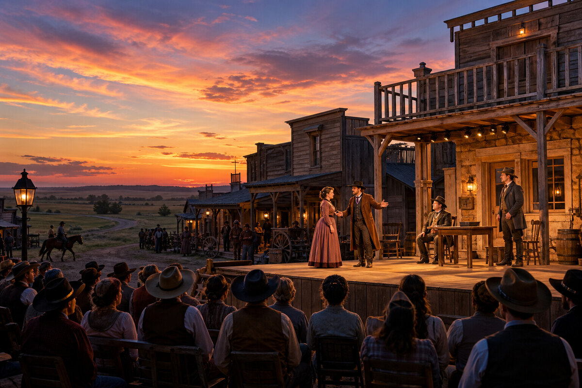 Evening theater and Old West gunfight mood on Dodge City Front Street