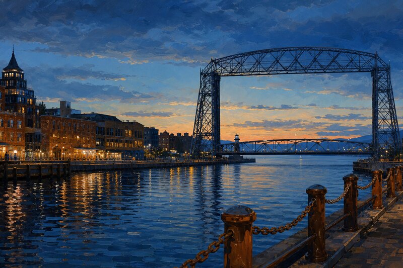Duluth Canal Park and lift bridge at blue hour