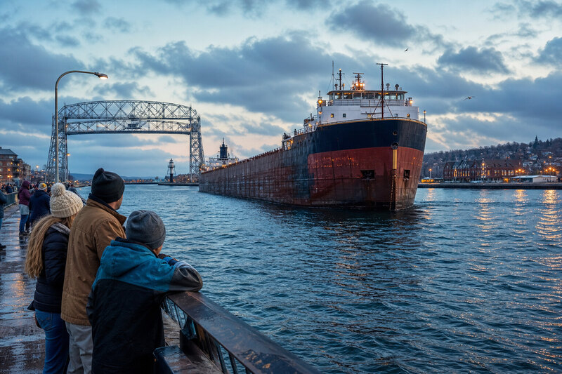Freighter passing the Duluth harbor canal near the lift bridge