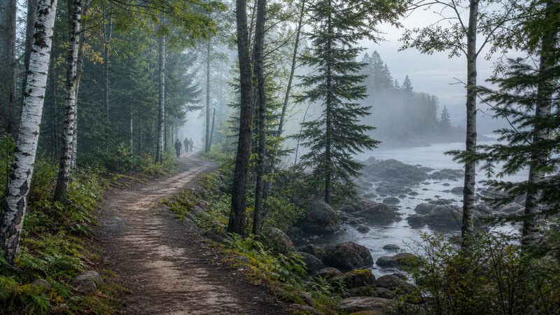 Hartley Park trail through pine and birch in Duluth