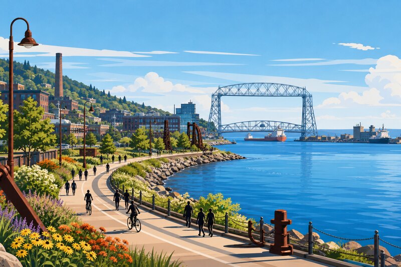 Duluth Lakewalk with Lake Superior and the lift bridge