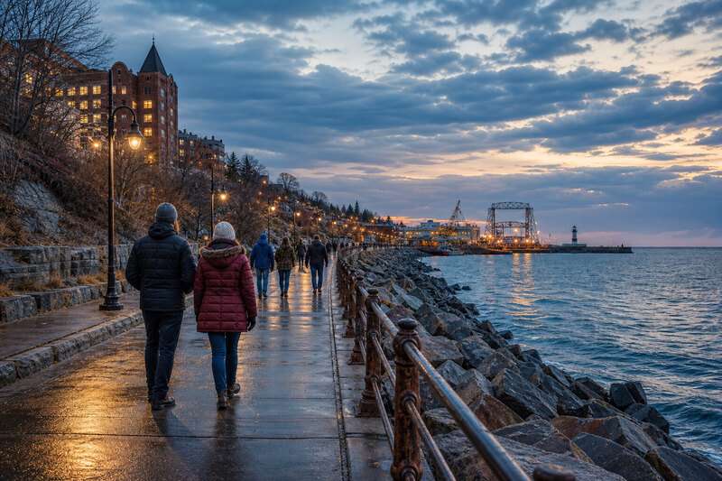 Duluth Lakewalk with Lake Superior and the lift bridge