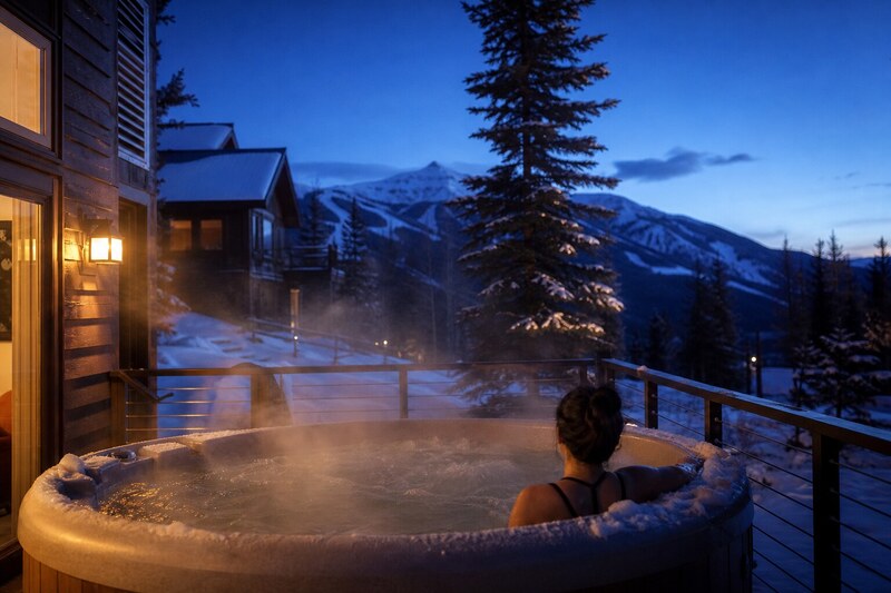 Outdoor hot tub at a snowy Purgatory lodge