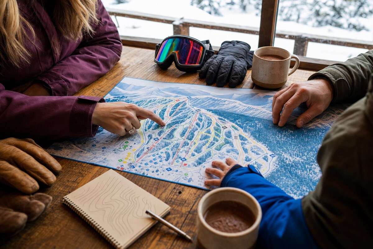 Hands planning a Purgatory ski day with a trail map