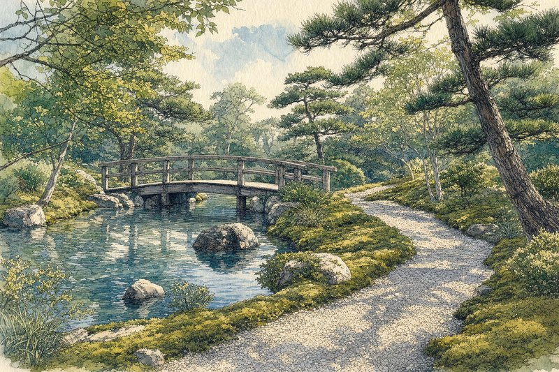 Illustration of a Japanese-inspired garden with a pond and wooden bridge